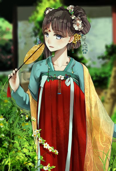 Anime picture 1053x1552 with original magicians (zhkahogigzkh) long hair tall image blush fringe open mouth blue eyes black hair standing traditional clothes hair flower shadow chinese clothes girl hair ornament flower (flowers) plant (plants) insect butterfly