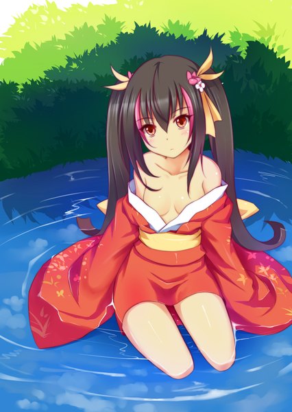 Anime picture 1240x1748 with original akanotsuki single long hair tall image looking at viewer breasts light erotic black hair red eyes twintails japanese clothes girl water kimono