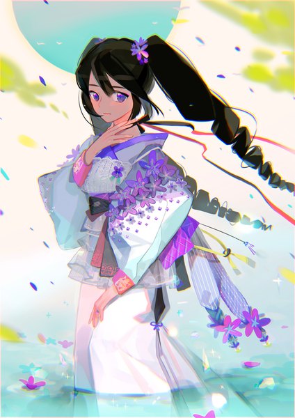 Anime picture 1157x1637 with original toinana single long hair tall image looking at viewer fringe black hair hair between eyes standing purple eyes twintails traditional clothes japanese clothes hair flower partially submerged floating hair drill hair slit pupils girl