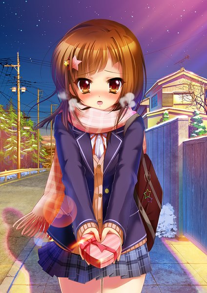 Anime picture 750x1061 with original pon (ichi rin) single long hair tall image looking at viewer blush open mouth brown hair brown eyes exhalation valentine girl uniform hair ornament school uniform scarf gift wire (wires) star hair ornament