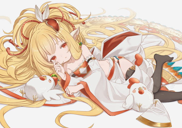 Anime picture 1200x848 with granblue fantasy mahira (granblue fantasy) feb itk single looking at viewer blonde hair red eyes ponytail lying very long hair on side harvin girl thighhighs black thighhighs detached sleeves animal bird (birds) chicken