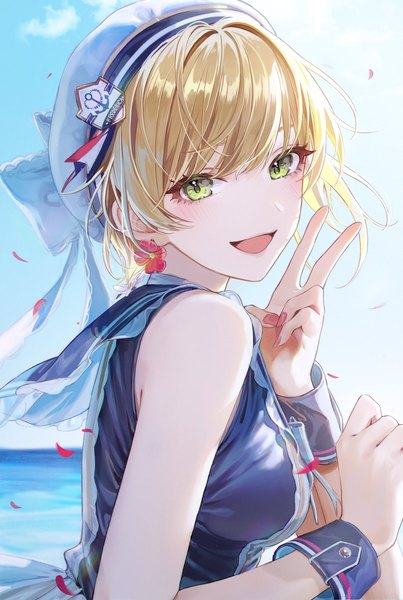 Anime picture 1375x2048 with idolmaster idolmaster cinderella girls miyamoto frederica magako single tall image looking at viewer blush fringe short hair breasts open mouth blonde hair smile hair between eyes green eyes sky cloud (clouds) upper body outdoors