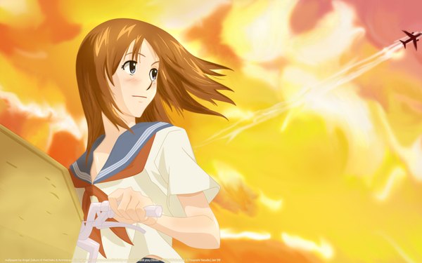 Anime picture 1920x1200 with wave ride single long hair blush highres brown hair wide image looking away sky cloud (clouds) upper body outdoors looking back light smile wind grey eyes evening girl uniform serafuku