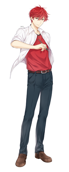 Anime picture 1500x3750 with gekkan shoujo nozaki-kun doga kobo mikoshiba mikoto mery (yangmalgage) single tall image fringe short hair simple background hair between eyes red eyes standing white background signed looking away full body red hair open shirt boy uniform