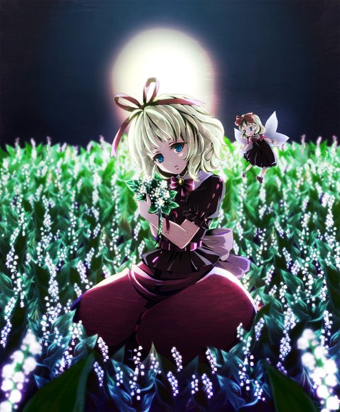 Anime picture 1000x1212 with touhou medicine melancholy su-san awa toka tall image short hair blue eyes blonde hair smile multiple girls night fairy girl flower (flowers) bow ribbon (ribbons) 2 girls hair bow hair ribbon wings