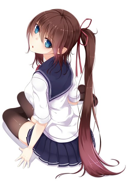 Anime picture 800x1131 with original suohachi single long hair tall image open mouth blue eyes brown hair white background ponytail looking back girl thighhighs skirt uniform black thighhighs serafuku