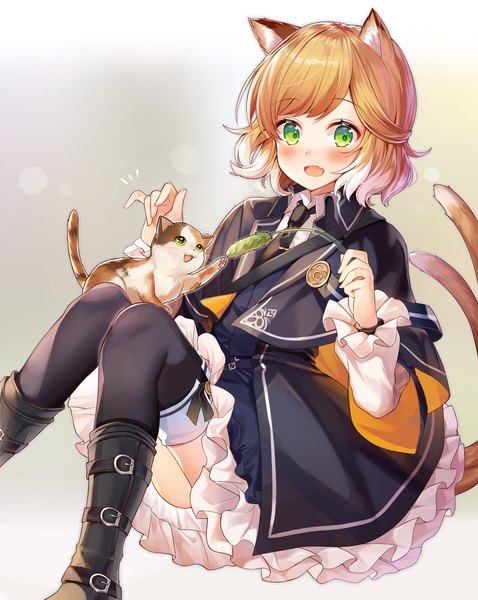 Anime picture 1912x2398 with arknights mousse (arknights) ion (on01e) single tall image blush highres short hair open mouth blonde hair green eyes animal ears tail :d animal tail multicolored hair cat ears two-tone hair cat girl cat tail