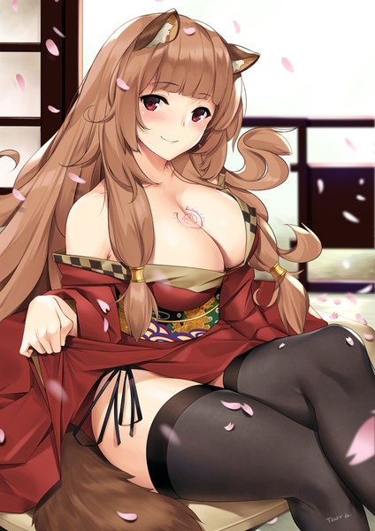 Anime picture 707x1000 with tate no yuusha no nariagari kinema citrus raphtalia tony guisado single long hair tall image looking at viewer blush fringe breasts light erotic smile red eyes brown hair large breasts sitting bare shoulders signed animal ears