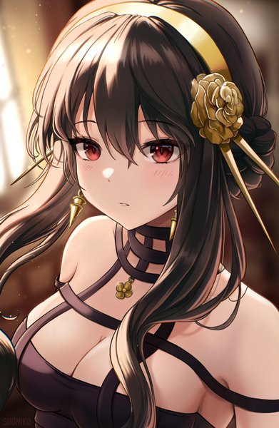 Anime picture 652x1000 with spy x family yor briar suoniko single long hair tall image blush fringe breasts light erotic black hair hair between eyes red eyes large breasts looking away cleavage upper body girl earrings headband