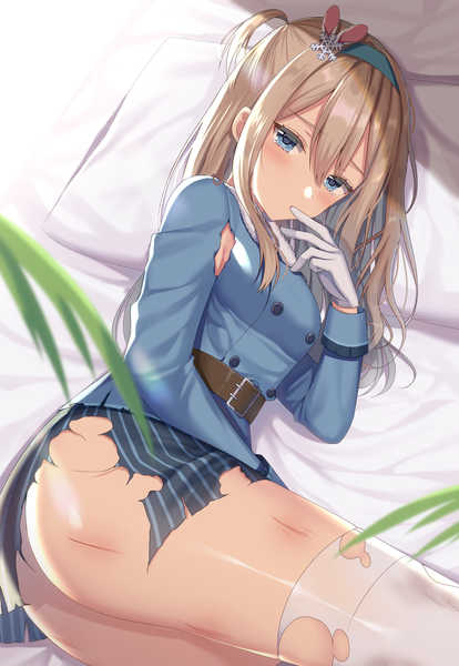 Anime picture 1558x2259 with girls frontline suomi kp31 (girls frontline) izumo neru single long hair tall image looking at viewer blush fringe blue eyes light erotic blonde hair hair between eyes payot ass lying one side up torn clothes injury girl