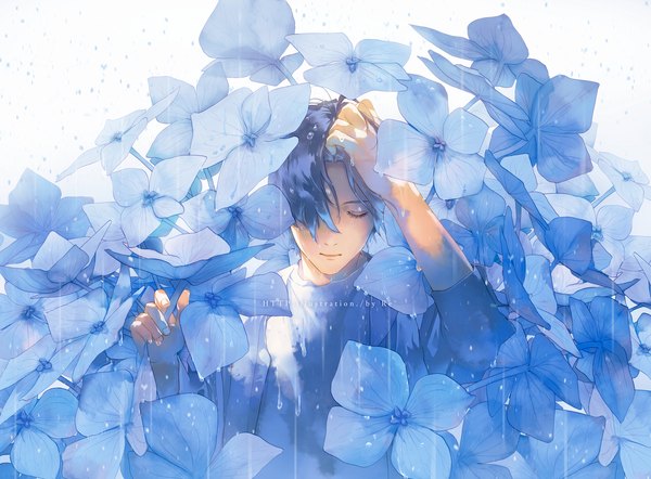 Аниме картинка 1508x1110 с оригинальное изображение re (artist) один (одна) чёлка короткие волосы синие волосы верхняя часть тела закрытые глаза волосы прикрывают глаз дождь рука на голове мужчина цветок (цветы) гортензия