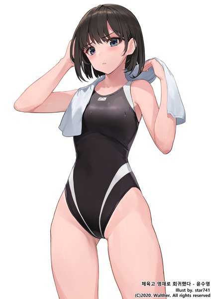 Anime picture 2828x4000 with original star741 single tall image looking at viewer blush fringe highres short hair blue eyes light erotic simple background brown hair standing white background signed arms up ass visible through thighs frown 2020