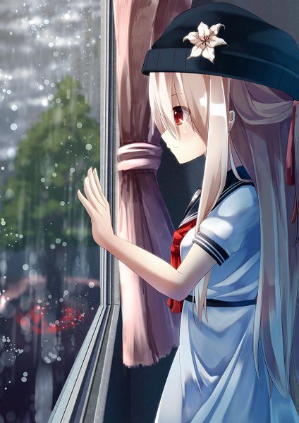 Anime picture 919x1300 with original kgynu single long hair tall image blush fringe blonde hair smile hair between eyes red eyes standing looking away indoors profile short sleeves rain expressionless shiny girl