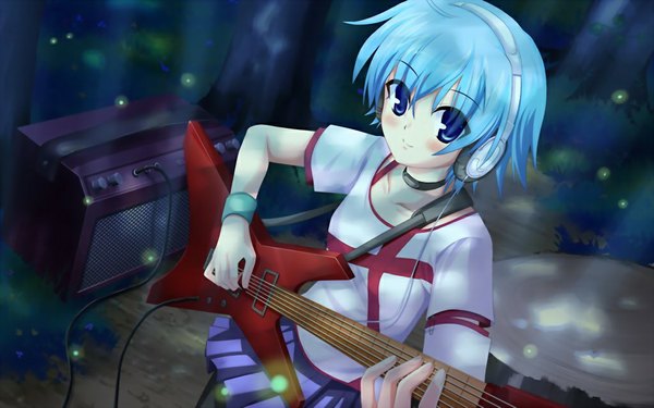 Anime picture 1024x640 with doinaka channel 5 mikagami ren short hair blue eyes wide image blue hair game cg girl headphones