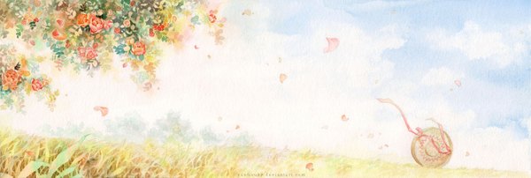 Anime picture 1329x449 with original cantieuhy (artist) wide image sky cloud (clouds) wind no people flower (flowers) plant (plants) hat petals grass