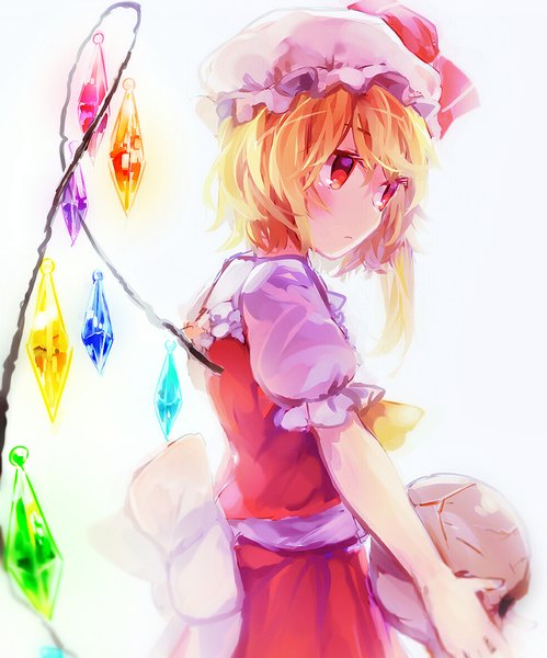 Anime picture 981x1180 with touhou flandre scarlet namie-kun single tall image blush short hair simple background blonde hair red eyes white background looking away ponytail side ponytail girl wings bonnet crystal