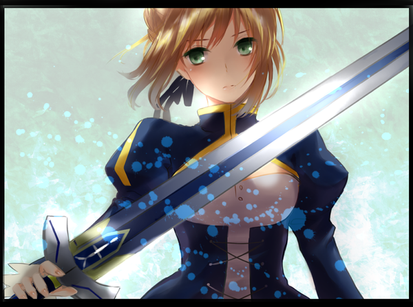 Anime picture 1020x760 with fate (series) fate/stay night type-moon artoria pendragon (all) saber fukuda935 single blush fringe blonde hair holding looking away aqua eyes fingernails girl dress ribbon (ribbons) weapon hair ribbon sword