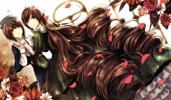 Anime picture 1118x657 with rozen maiden suiseiseki souseiseki z-epto (chat-noir86) long hair short hair brown hair wide image multiple girls looking back heterochromia drill hair girl dress flower (flowers) 2 girls hat petals frills headdress