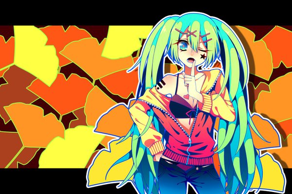 Anime picture 1500x999 with vocaloid hatsune miku gumi sougishi ego single long hair blush open mouth twintails bare shoulders very long hair one eye closed aqua eyes wink aqua hair open clothes open jacket tattoo hand on hip facial mark