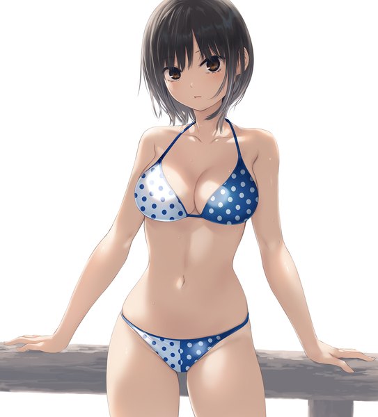 Anime picture 1499x1655 with original aoyama sumika coffee-kizoku single tall image looking at viewer fringe short hair breasts open mouth light erotic black hair simple background large breasts standing white background brown eyes cleavage arm support halterneck