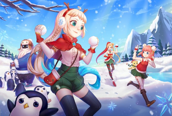 Anime picture 2595x1752 with league of legends jinx (league of legends) annie (league of legends) ambitious elf jinx bard (league of legends) zoe (league of legends) kezi long hair blush highres short hair open mouth smile bare shoulders multiple girls green eyes signed blue hair looking away sky