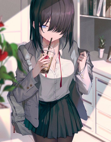 Anime picture 1000x1280 with original soya (torga) single long hair tall image fringe breasts blue eyes black hair holding cleavage indoors pleated skirt blurry hair over one eye sweat depth of field looking down partially open clothes girl