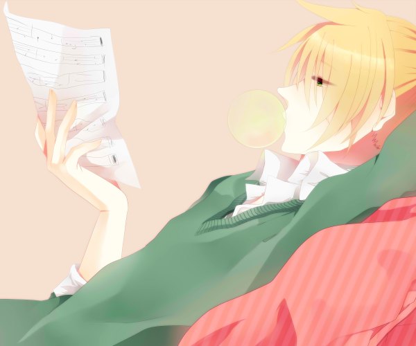 Anime picture 2400x2000 with vocaloid kagamine len single highres short hair simple background blonde hair green eyes lying open collar boy sweater musical note