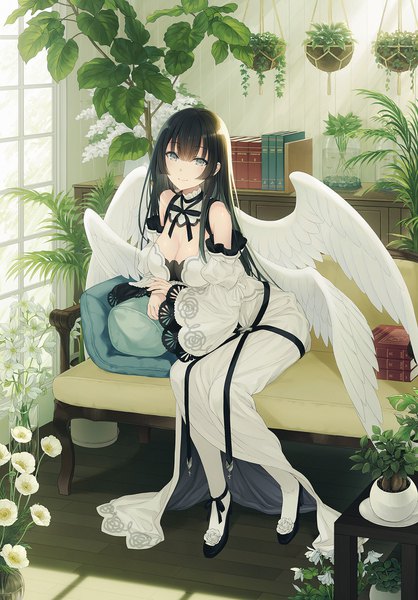 Anime picture 1238x1778 with original yashiro seika single long hair tall image looking at viewer blush fringe breasts light erotic black hair smile hair between eyes large breasts sitting bare shoulders cleavage full body indoors mole
