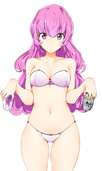 Anime picture 1102x1839 with tokyo 7th sisters yusa memoru manabebebe single long hair tall image looking at viewer fringe breasts light erotic simple background standing white background purple eyes bare shoulders holding purple hair underwear only girl navel