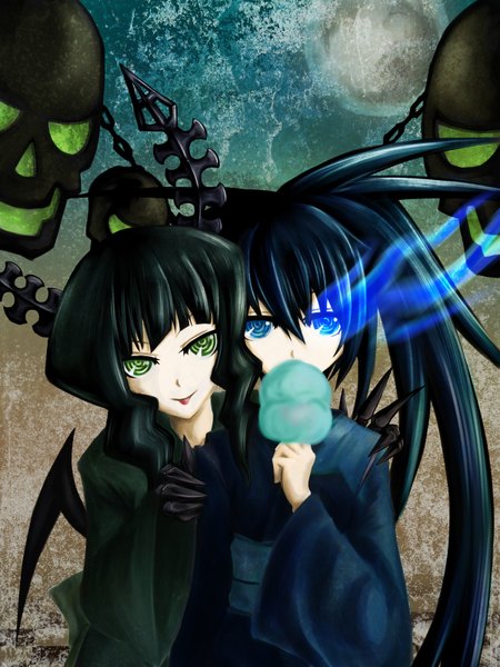 Anime picture 1200x1600 with black rock shooter black rock shooter (character) dead master long hair tall image looking at viewer blue eyes black hair twintails multiple girls green eyes japanese clothes horn (horns) glowing glowing eye (eyes) :p girl 2 girls kimono skull