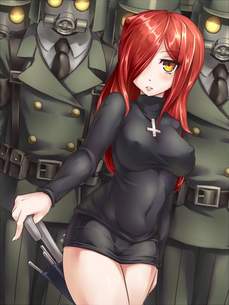 Anime picture 750x1000 with skullgirls parasoul (skullgirls) krieg (skullgirls) black egrets kageshio (276006) single long hair tall image blush fringe breasts light erotic large breasts standing holding yellow eyes looking away red hair long sleeves parted lips