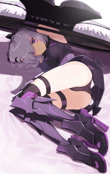 Anime picture 1155x1819 with fate (series) fate/grand order mash kyrielight miruto netsuki single tall image looking at viewer short hair light erotic smile purple eyes full body ahoge lying grey hair armpit (armpits) girl underwear panties armor
