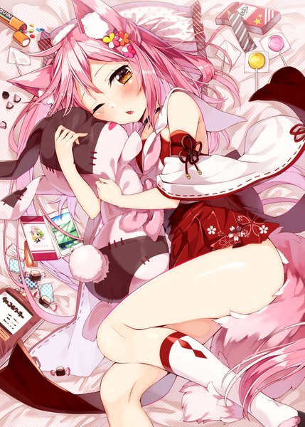 Anime picture 1295x1812 with original sakura mochi (sakuragi ren) shiki (sakuragi ren) sakuragi ren single long hair tall image looking at viewer blush fringe open mouth light erotic brown eyes animal ears pink hair ahoge bent knee (knees) tail lying traditional clothes