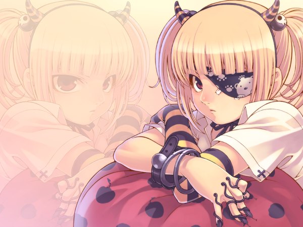 Anime picture 1600x1200 with hitokata no ou kuroba nao tasaka shinnosuke single looking at viewer fringe short hair blonde hair red eyes twintails blunt bangs horn (horns) open collar zoom layer girl belt eyepatch single glove