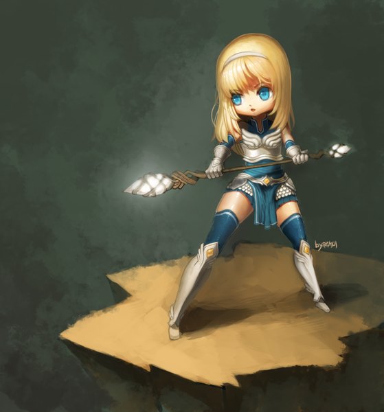 Anime picture 2691x2886 with league of legends lux (league of legends) chrier single long hair tall image highres open mouth blue eyes blonde hair legs chibi girl gloves hair ornament armor staff crystal