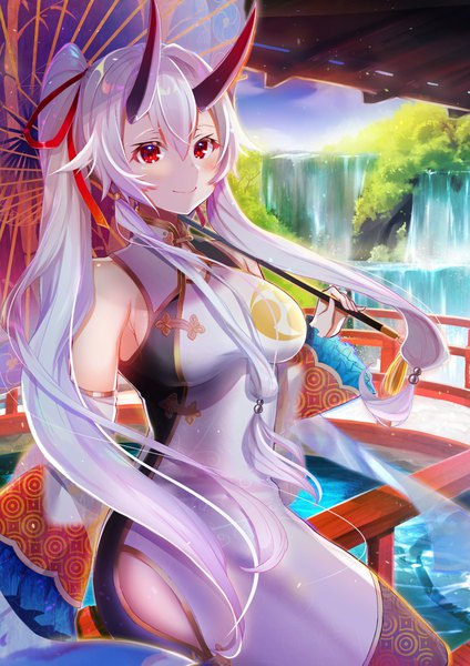 Anime picture 2894x4093 with fate (series) fate/grand order tomoe gozen (fate) felnemo3 single long hair tall image looking at viewer blush fringe highres breasts smile hair between eyes red eyes holding payot sky silver hair cloud (clouds)