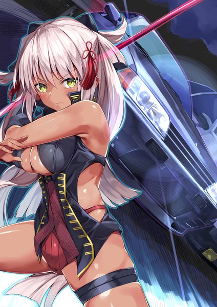 Anime picture 707x1000 with fate (series) fate/grand order okita souji (fate) (all) okita souji alter (fate) gedou (shigure seishin) single long hair tall image looking at viewer blush fringe breasts light erotic hair between eyes large breasts standing holding yellow eyes cleavage silver hair