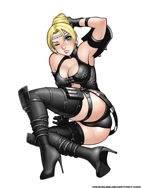 Anime picture 3000x4000 with dead or alive dead or alive 5 ninja gaiden rachel (doa) ronin dude (ray cornwell) single tall image looking at viewer blush highres short hair breasts blue eyes light erotic simple background blonde hair large breasts white background ass one eye closed