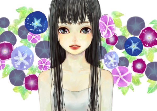Anime picture 1414x1000 with original nanao mayu single long hair fringe blue eyes black hair lips sleeveless portrait girl flower (flowers) morning glory
