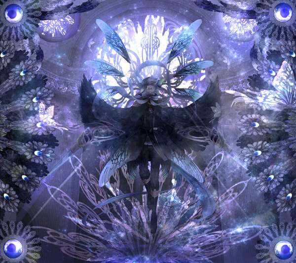Anime picture 1125x1000 with original pixiv fantasia pixiv fantasia fallen kings kyouga single open mouth holding purple hair very long hair dual wielding glow weightlessness insect wings butterfly wings screaming boy bow ribbon (ribbons) weapon wings