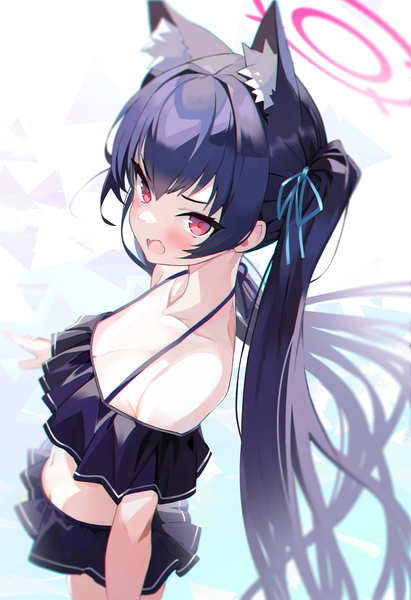 Anime picture 2365x3449 with blue archive serika (blue archive) serika (swimsuit) (blue archive) darudana single tall image looking at viewer blush fringe highres open mouth light erotic black hair hair between eyes red eyes standing twintails bare shoulders animal ears very long hair