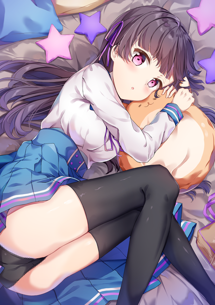 Anime picture 1416x2006 with original torokeru none single long hair tall image looking at viewer blush fringe breasts open mouth light erotic black hair purple eyes bent knee (knees) lying blunt bangs pleated skirt from above :o on side