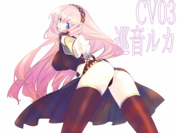 Anime picture 1200x900 with vocaloid megurine luka long hair breasts blue eyes light erotic large breasts pink hair very long hair nail polish sideboob girl thighhighs skirt underwear panties detached sleeves boots headphones knee boots