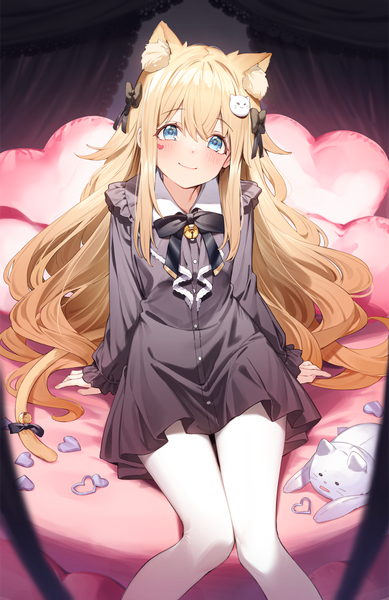 Anime picture 1786x2753 with original nyum single long hair tall image looking at viewer blush fringe highres blue eyes blonde hair smile hair between eyes sitting animal ears indoors tail long sleeves animal tail from above
