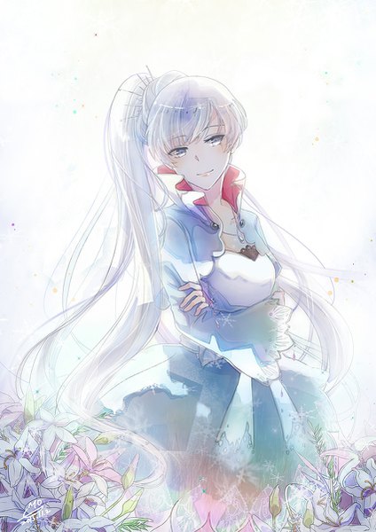 Anime picture 850x1202 with rwby rooster teeth weiss schnee ricemo single long hair tall image fringe smile white background signed looking away silver hair side ponytail crossed arms silver eyes girl flower (flowers)