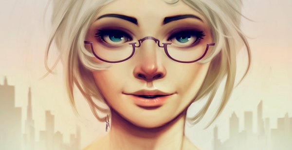 Anime picture 1024x529 with rafaarsen single looking at viewer short hair open mouth blue eyes wide image lips grey hair eyebrows face girl glasses