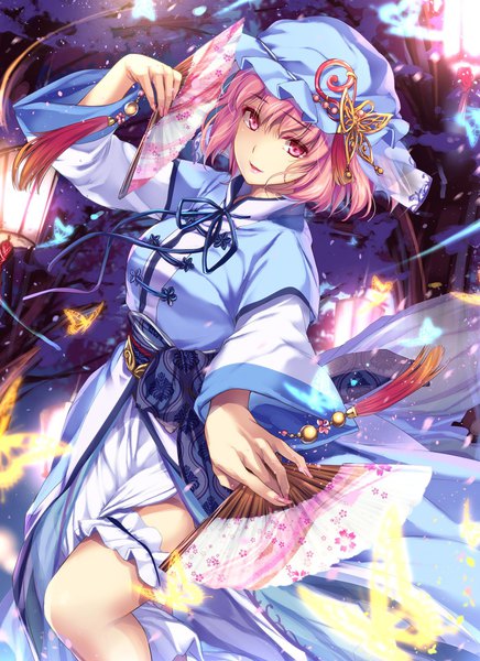 Anime picture 1163x1600 with touhou saigyouji yuyuko moneti (daifuku) single tall image looking at viewer fringe short hair breasts smile large breasts holding pink hair long sleeves nail polish traditional clothes parted lips pink eyes wide sleeves lipstick