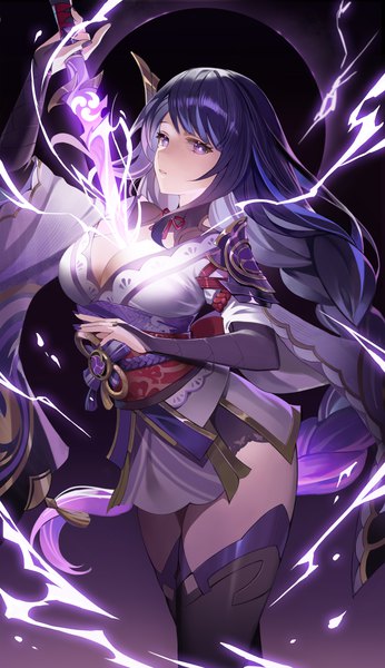 Anime picture 4000x6930 with genshin impact raiden shogun chungla single long hair tall image looking at viewer fringe highres breasts light erotic large breasts standing purple eyes holding absurdres cleavage purple hair blunt bangs braid (braids)