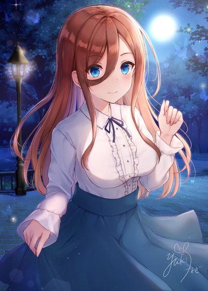 Anime picture 1811x2530 with go-toubun no hanayome nakano miku yukiunag1 single long hair tall image looking at viewer blush fringe highres breasts blue eyes smile hair between eyes brown hair large breasts standing signed outdoors long sleeves