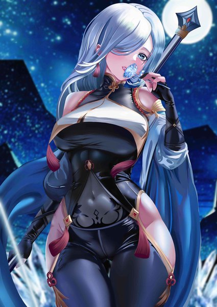 Anime picture 2345x3314 with genshin impact shenhe (genshin impact) ronikx art single long hair tall image blush fringe highres breasts blue eyes light erotic large breasts standing bare shoulders looking away silver hair outdoors braid (braids) head tilt